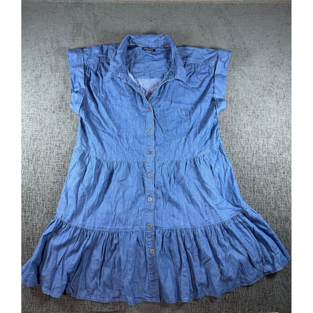Tommy Hilfiger Womens Blue Chambray Tiered Ruffle Button Front Shirt Dress 16
